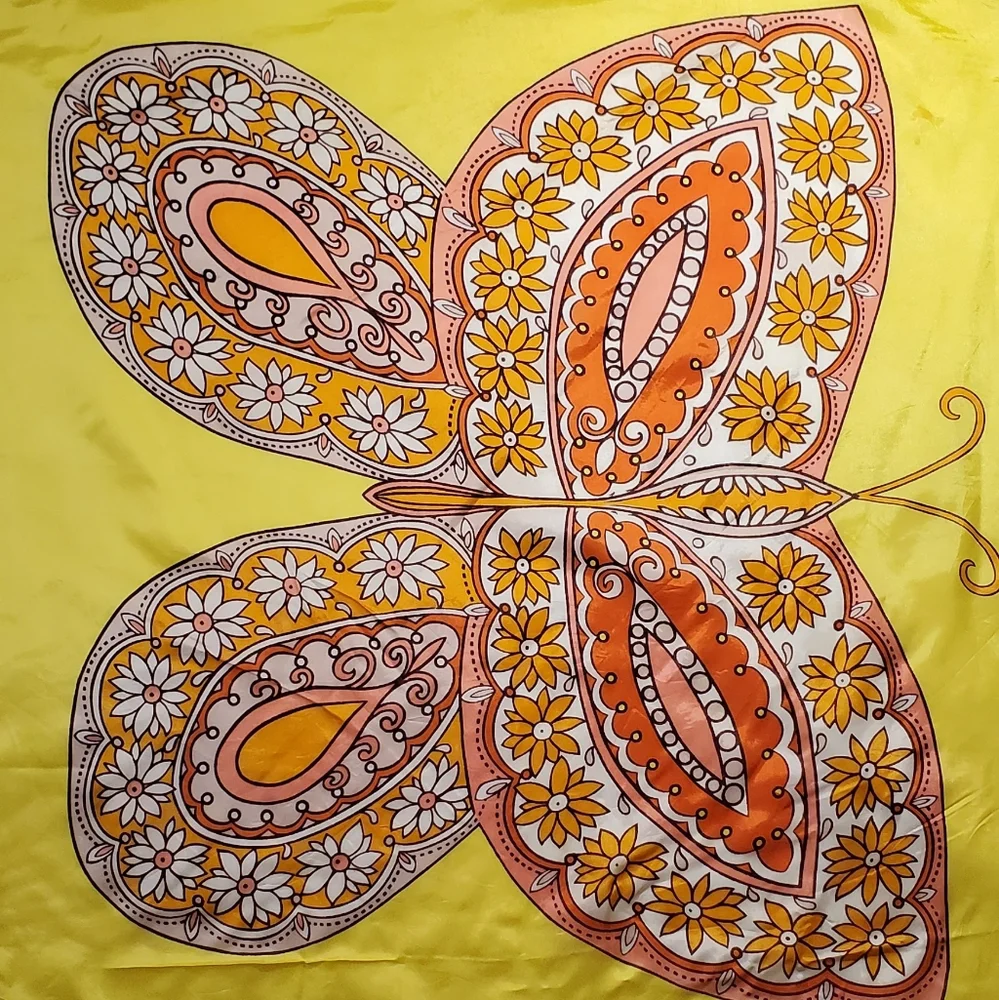 Unique 70s Vintage Dreamy Illustrated Pink Butterfly Graphic Scarf - Picture 7 of 11
